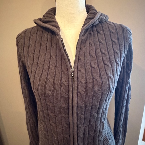 Ann Taylor Chocolate Brown Hooded Full Zip Cable Knit Sweater, Size Small - Picture 2 of 11